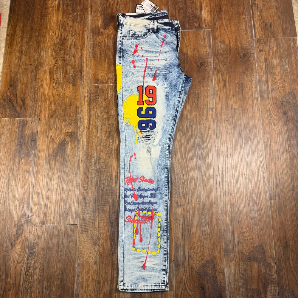 Rue 21 34 x 34 Premium Supreme Flex Skinny jean graffiti paint acid wash - Picture 4 of 13